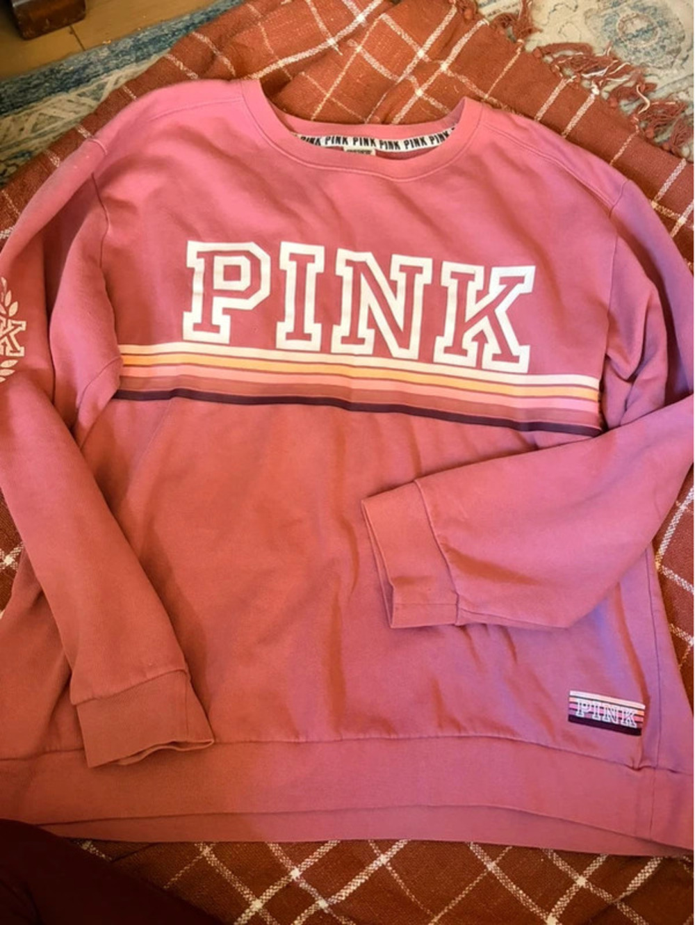 Victoria's Secret Pink Campus Pullover Crew Soft Begonia Logo Stripe XS